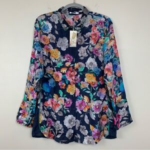 Johnny Was Silk Collared Long  Sleeves Floral Oversized  Blouse-M